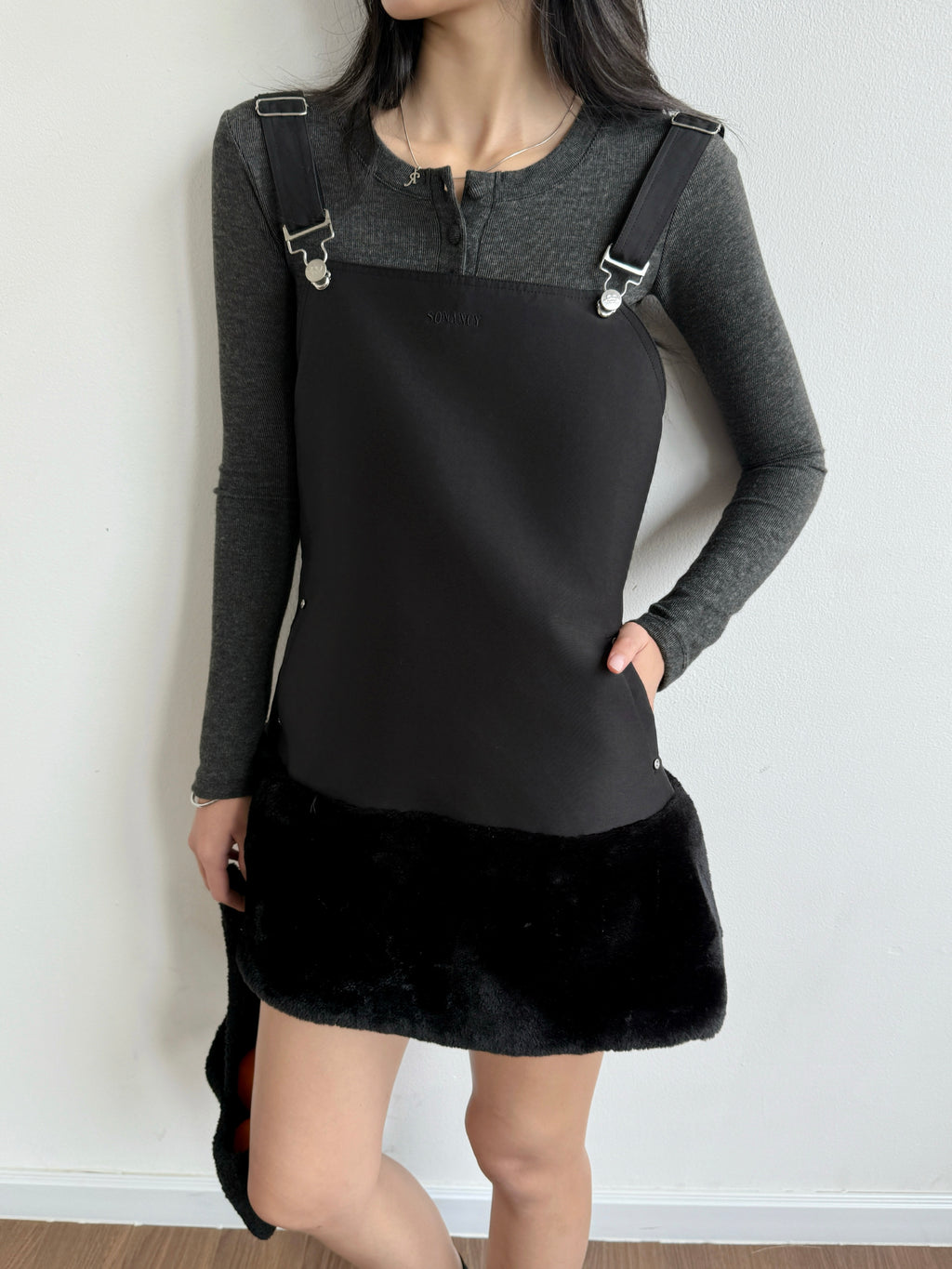 BLACK SORA OVERALL MINI DRESS