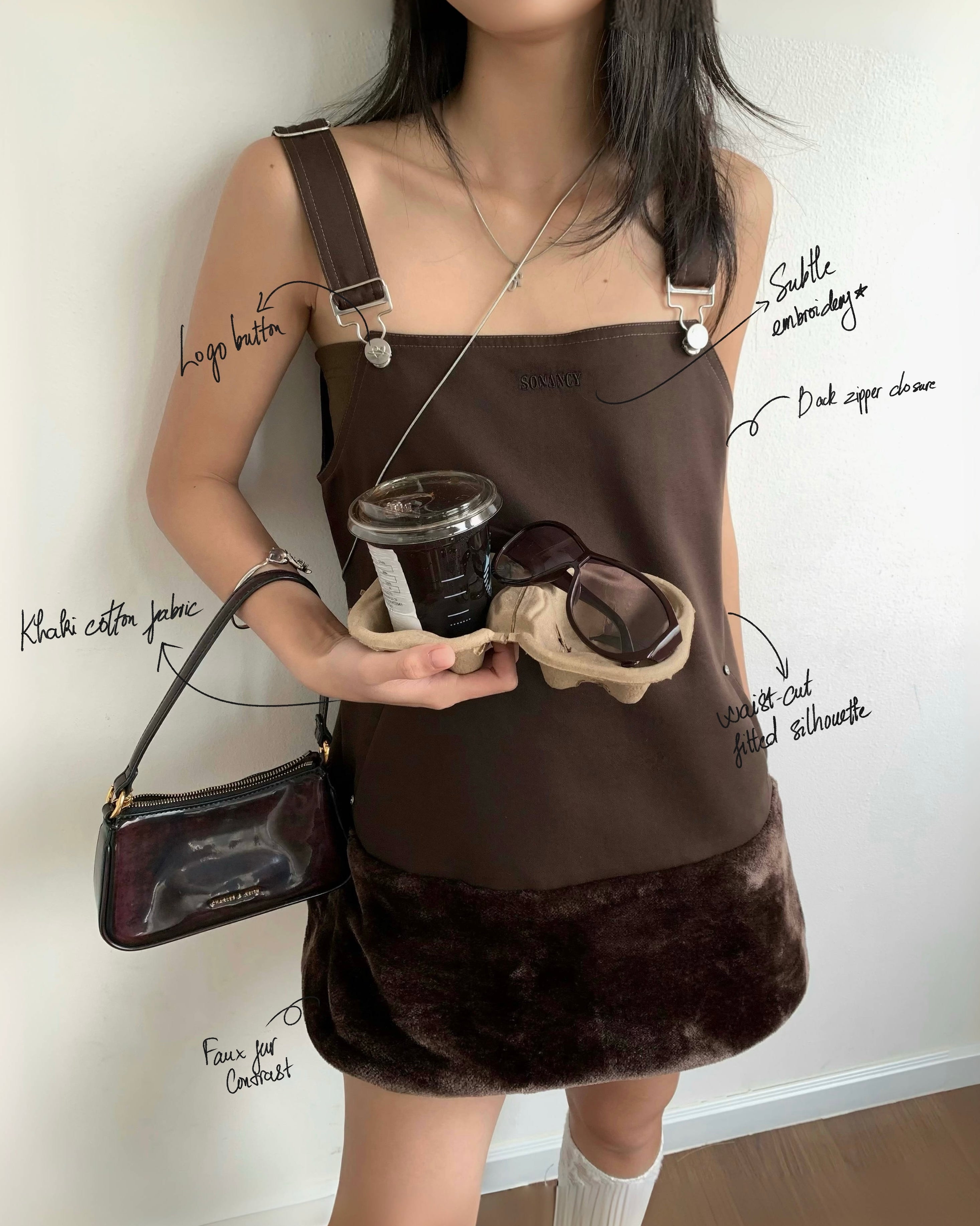 BROWN SORA OVERALL MINI DRESS