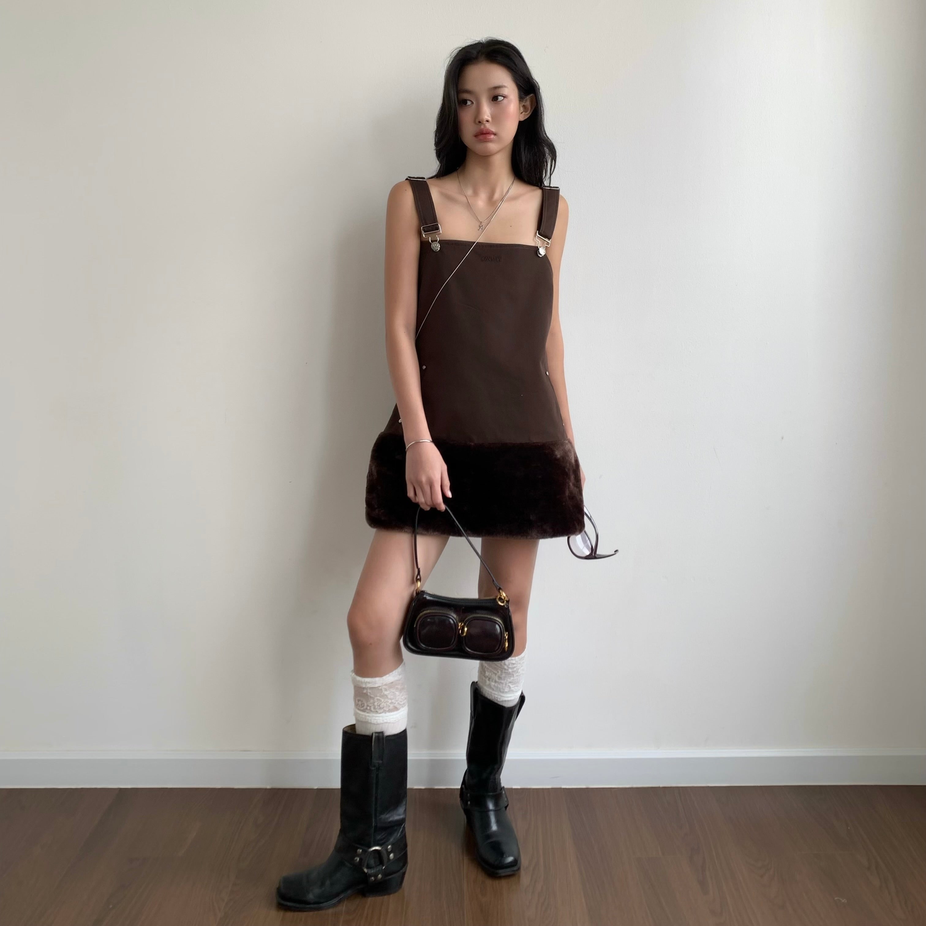 BROWN SORA OVERALL MINI DRESS
